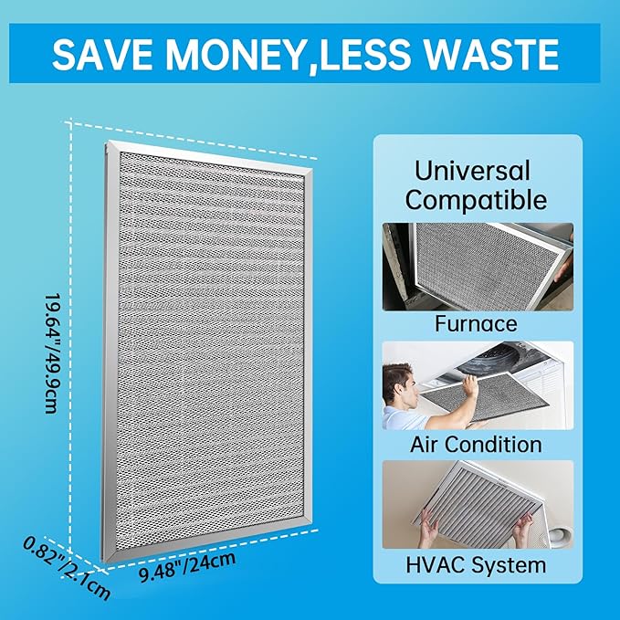 UBeesize Reusable 10x20x1 Air Filter Electrostatic HVAC AC Furnace Filter,MERV 8,Washable,Lasts a Lifetime,Permanent Air Filter,Breathe Fresher,Home And Office(Actual Size:9.48x19.64x0.82Inch)