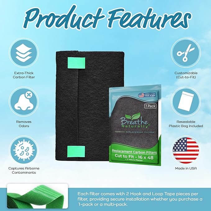 Breathe Naturally Universal Cut to Fit Carbon Activated Air Filter - Replacement Charcoal Filters - Pre Filter Carbon Sheet for Air Purifier, Vent Filters & More - Made in USA (Pack of 1, 16x48)