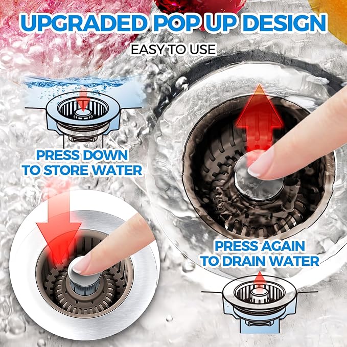 Upgraded 3in1 Kitchen Sink Drain Strainer & Sink Stopper, Stainless Steel Kitchen Drain Plug & Cover with Anti-Clogging Basket Strainer, Fit US Standard 3-1/2'' Sink Drain Hole, Brown