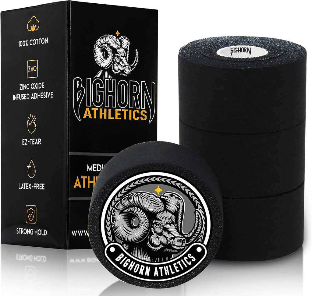 Bighorn Athletics Sports Tape | EZ-Tear Black Athletic Tape for Wrist, Ankle & Foot Support | Zinc Oxide Infused & Latex-Free Adhesive, Breathable Cotton Fabric, 1.5-Inch x 45-Feet, 4 Rolls, Black