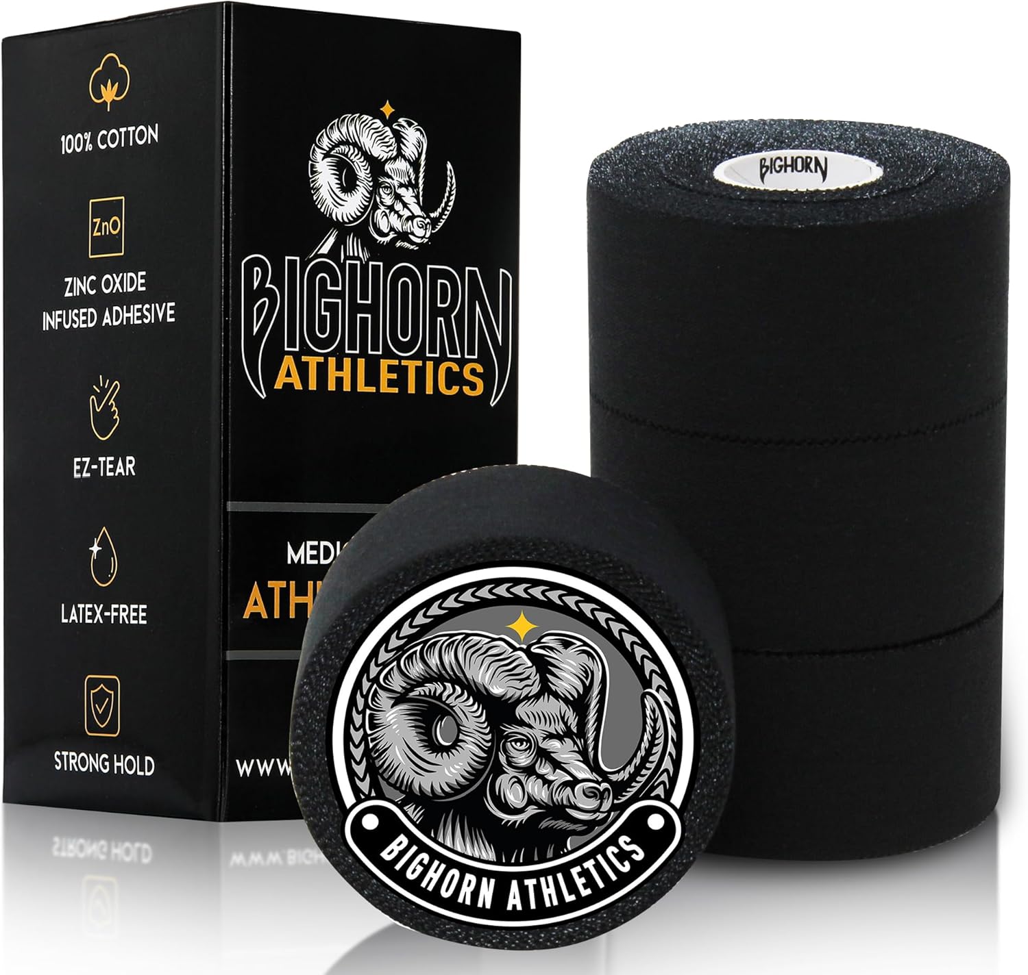 Bighorn Athletics Sports Tape | EZ-Tear Black Athletic Tape for Wrist, Ankle & Foot Support | Zinc Oxide Infused & Latex-Free Adhesive, Breathable Cotton Fabric, 1.5-Inch x 45-Feet, 4 Rolls, Black