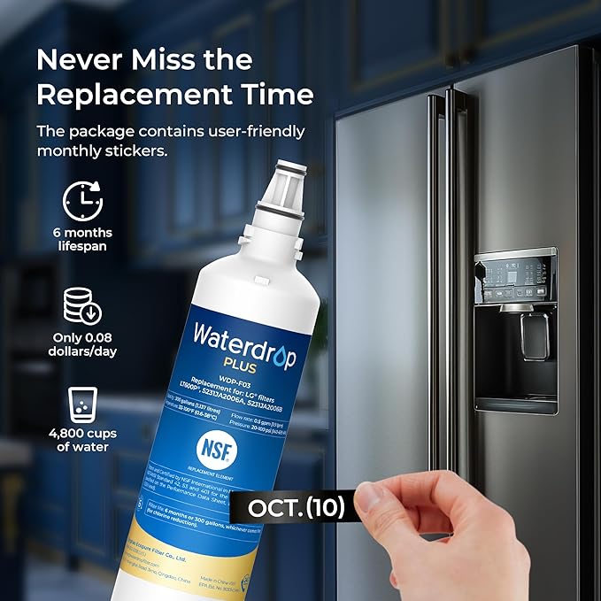 Waterdrop Plus 5231JA2006A NSF 401&53 Certified, Replacement for LG® LT600P®, KENMORE® 9990, 46-9990, WFC2001, LFX25960ST, rwf1000a Refrigerator Water Filter, 3 Filters(Package May Vary)