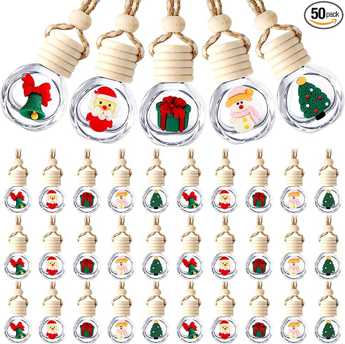 BBTO 50 Pcs Hanging Car Air Freshener Car Diffuser Bottles Bulk Christmas Empty Glass Perfume Bottle Freshener Clear Diffuser Bottle Pendant for Essential Oil Fragrance Aromatherapy Bottles Ornament