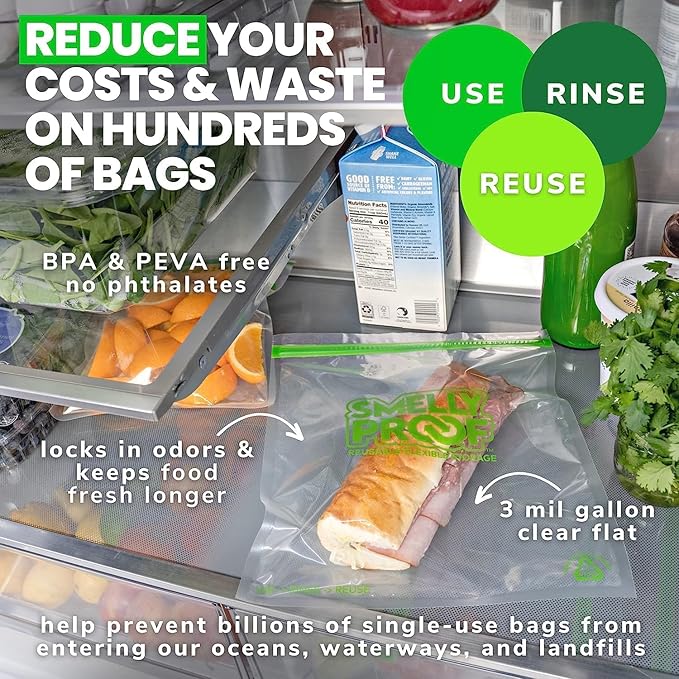 Reusable Storage Bags for Food by Smelly Proof Bags - MADE IN USA, Easy Clean, Dishwasher-Safe, BPA FREE, NO PEVA, XXL 3-mil 2-Gallon Thick Bags, Extra Large Clear FLAT 12" x 16" 15-Pack