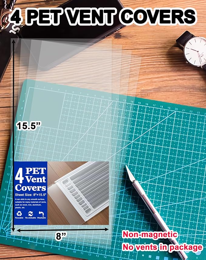 4 Pack PET Vent Covers with Nano Adhesive, 8" X 15.5" for Floor, Wall, Ceiling Vents and Air Registers, for RV, Home, Office AC Vents, Non-Magnetic, Fits on Plastic, Wood, Iron, Aluminum Vent Covers
