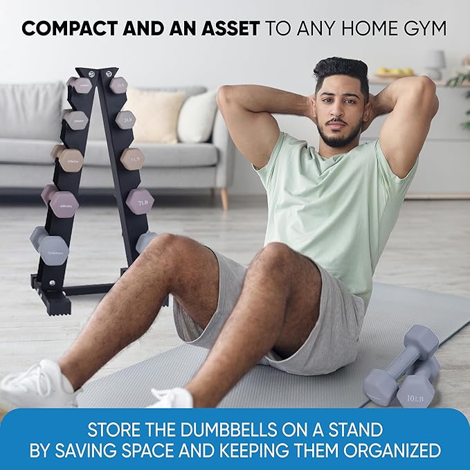 Dumbbell Set with Rack - Neoprene Coated Weights with Stand - Hex Color Coded Dumbell Pairs 1-20 LBs-FlexoryFit