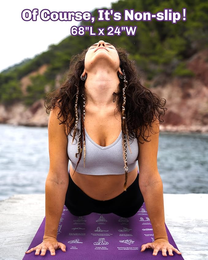 Instructional Travel Yoga Mat with 75 Poses & Exercises - Non-slip Exercise Mat for Home Workout, Includes Carrying Bag - Perfect for Beginners, 68"x24"x0.25"-FlexoryFit