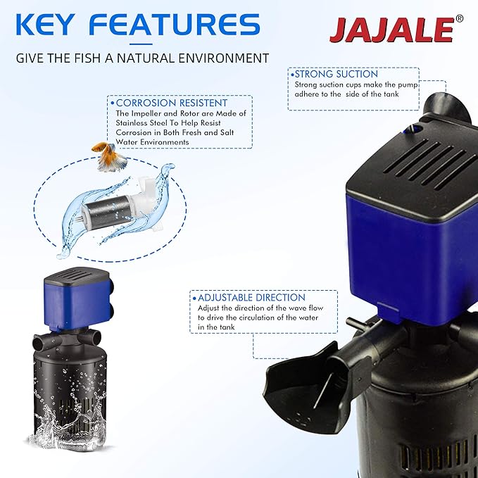660 GPH Internal Filter Submersible Pump - 3 in 1 Aquarium Fish Tank Pump with Oxygenation, Filtration & Water Cycling, 6.6 ft max lift, 35W
