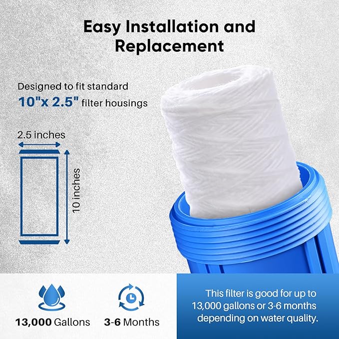PUREPLUS 20 Micron 10"x2.5" Whole House String Wound Sediment Filter for Well Water, Replacement Cartridge for Universal 10 inch RO System, WP-5, Aqua-Pure AP110, CFS110, Culligan P5,WFPFC4002, 4Pack