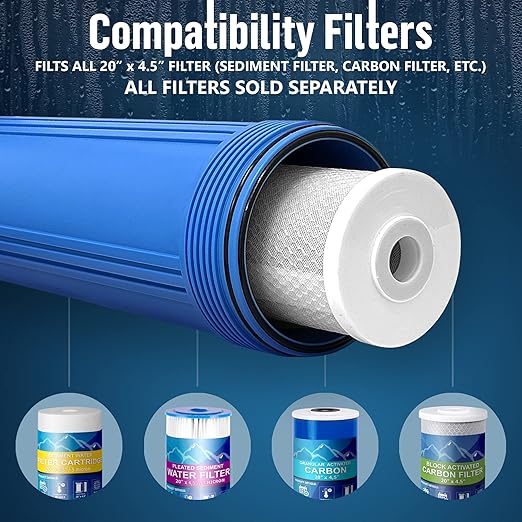 High Capacity 20 x 4.5” Whole House Filter Purifier System for Well or City Water, Presser Relief Button, 1” NPT Brass Port, Double O-Ring, Meets NSF Standards & Regulations (Blue, 3 Sets)