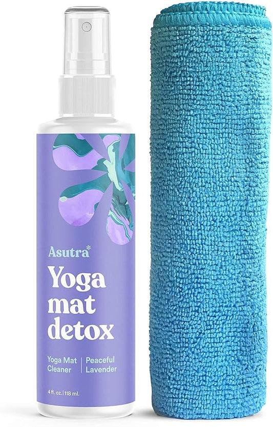 ASUTRA Yoga Mat Cleaner Spray (Peaceful Lavender), 4 fl oz - No Slippery Residue, Organic Essential Oils, Deep-Cleansing for Fitness Gear & Gym Equipment, Microfiber Towel Included-FlexoryFit