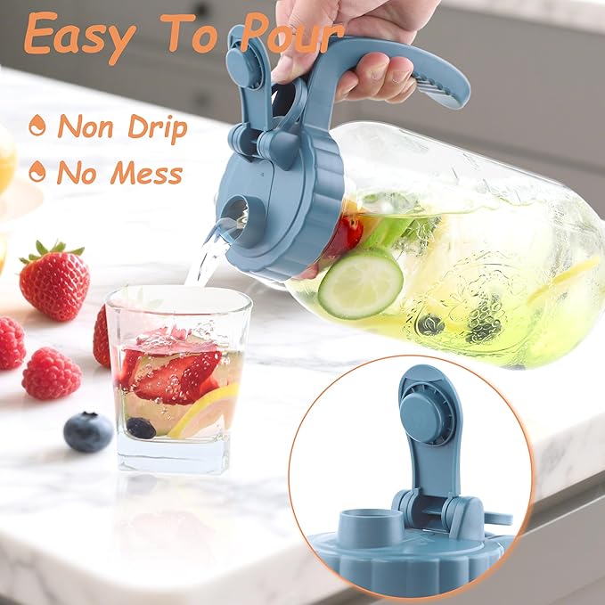 Mason Jar Pitcher 2 Quart With Pour Spout Lids 2 Pack 64 Oz Wide Mouth Water Pitcher Airtight And Leakproof Glass Carafe With Handle And Flip Cap For Milk, Iced Tea, Cold Brew Coffee, Juice