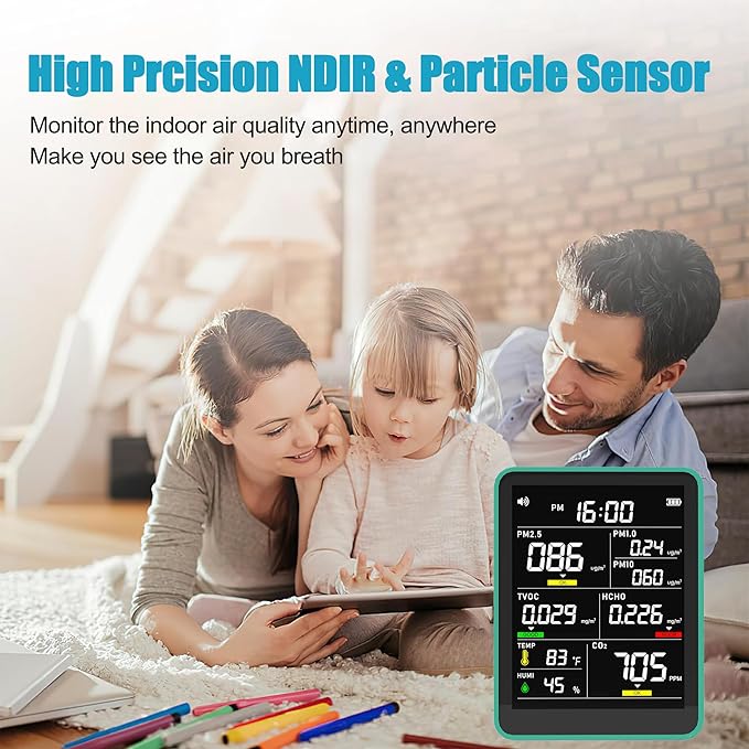 XOOPON 13-in-1 Indoor Air Quality Monitor with PM1.0/2.5/10, CO2, HCHO, TVOC, Temp, Humidity & Time, 4 Alarm Modes, Portable Air Quality Tester for Home, Office, Car, Wall-Mount or Desktop Use