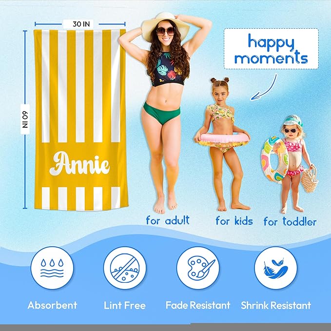 JML Personalized Beach Towel with Name, Custom Cabana Stripe Beach Towel, Customized Microfiber Pool Towel, Quick Dry & Absorbent Swim Towel for Adult,Mother's Day, Birthday, Summer Holiday,Vacation-FlexoryFit