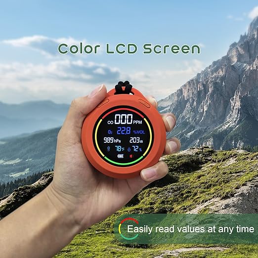 Oxygen Detector,SQECH 6-in-1 Air Oxygen Monitor Measures CO/O2/Temperature/Humidity/Altitude/Atmospheric Pressure,Portable Oxygen Monitor with Alarm & Color Backlight,for Indoor,Camping,RV,Travel