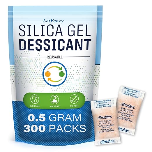 LotFancy Silica Gel Packets, 300 Packs 0.5 Gram, Indicating Desiccant Dehumidifier Packets, Moisture Absorber Bags for Spices Jewelry Shoes