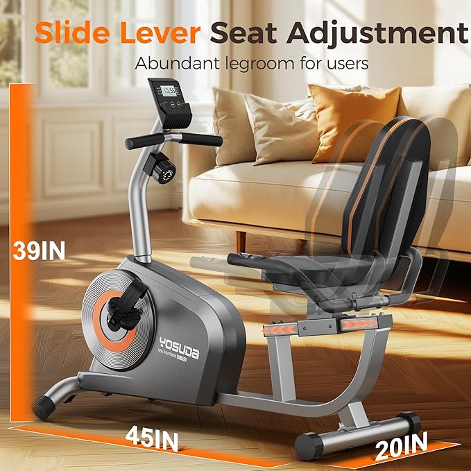 YOSUDA Recumbent Exercise Bike for Home，Magnetic Staionary Bike for Seniors/Adults with Adjustable Seat, 350LB Capacity, 16-level Resistance, LCD Monitor & Pulse Sensors-FlexoryFit