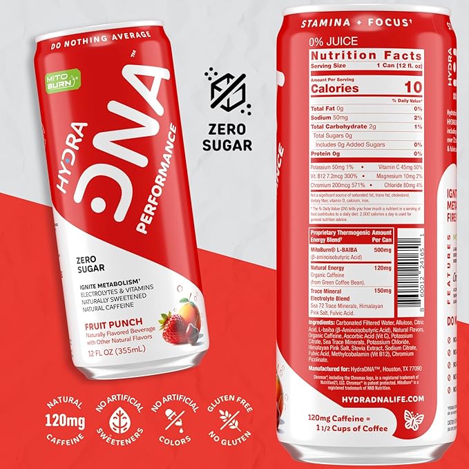 HYDRADNA- Clean Performance Drink, Zero Sugar | For Natural Fuel, Alertness, Boost, Stamina,120 mg Organic Caffeine, Natural Flavors, Zero Sucralose, Clean Ingredients (12 Pack) (12 Pack, Fruit Punch)-FlexoryFit