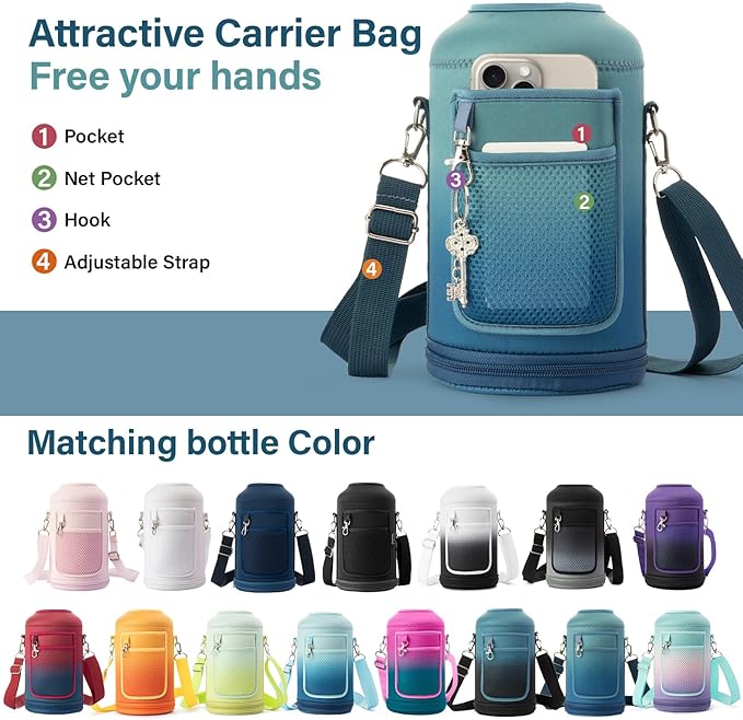 Insulated Water Bottle | Thickened Stainless Steel Vacuum Metal | Portable Sports Half Gallon Large Water Jug for Gym and Hiking with Straw, Carrier Bag, Handle Strap | BPA-Free 64 oz-FlexoryFit