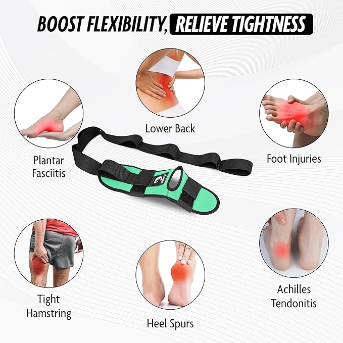 DMoose Fitness Foot & Calf Stretcher with Adjustable Padded Stretching Strap for Plantar Fasciitis, Hamstring, Heel Spurs and Achilles Tendonitis Relief - Yoga Leg Stretch Strap for Flexibility-FlexoryFit