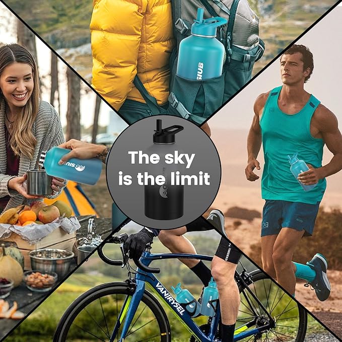 Insulated Water Bottle 64 oz, Triple Wall Vacuum Stainless Steel(Cold for 48 Hrs),Leak Proof & BPA-Free,Half Gallon Water Bottle with Reflective Paracord & Flip Straw for Sports & Travel, CyanBlue-FlexoryFit
