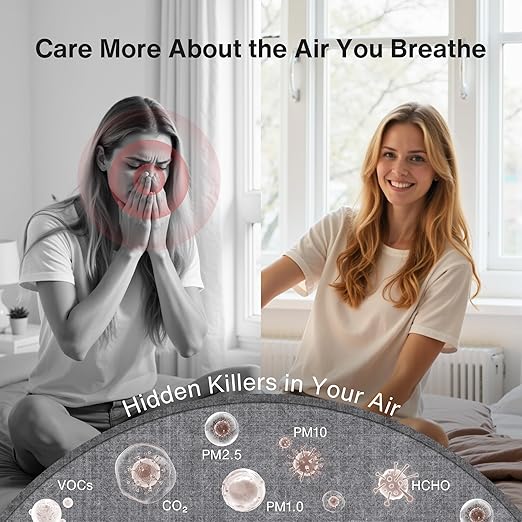 bonoch 16 in 1 Air Quality Monitor Indoor 7" Display 9 AQI+7 AQI Alerts Air Quality Tester for CO2, TVOC, PM2.5 PM1.0 PM10, HCHO, Temperature Humidity AQI & Time, Air Quality Meter for Home-White