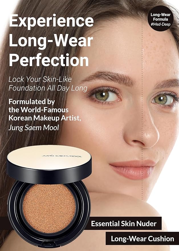 JUNG SAEM MOOL Essential Skin Nuder Longwear Cushion 0.98 Fl Oz (Medium Deep), Refill Included, 24H lasting Cushion Foundation with High Coverage, Semi-Matte Natural Finish, Korean Foundation Makeup-FlexoryFit