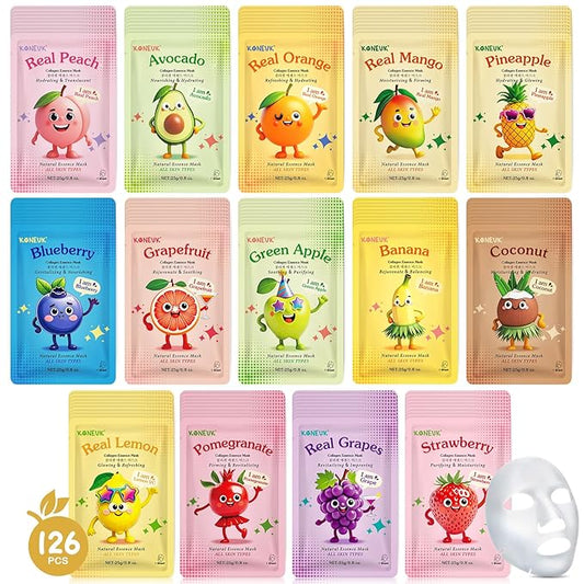 126 Pack Sheet Hydrating Face Masks Skincare for Women, Bulk Fruit Face Mask Skin Care for Kids, Facial Masks Set for All Skin Types, Christmas Birthday Gifts, Spa Party Supplies for Girls Teens-FlexoryFit