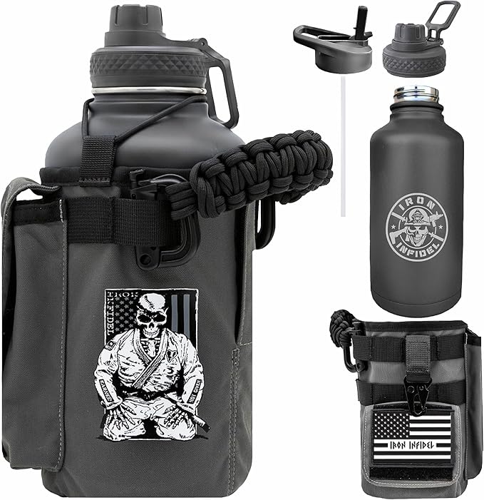 Iron Infidel Battle Bottle - Half Gallon Water Bottle Insulated, 64 oz Stainless Steel Water Jug with Handle - Gym Water Bottle for Men with Rugged Sleeve for Storage (Earned, Not Given 2 Liter)-FlexoryFit