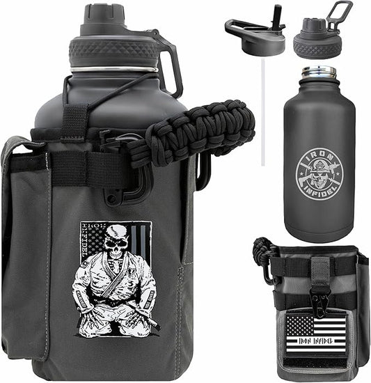 Iron Infidel Battle Bottle - Half Gallon Water Bottle Insulated, 64 oz Stainless Steel Water Jug with Handle - Gym Water Bottle for Men with Rugged Sleeve for Storage (Earned, Not Given 2 Liter)-FlexoryFit