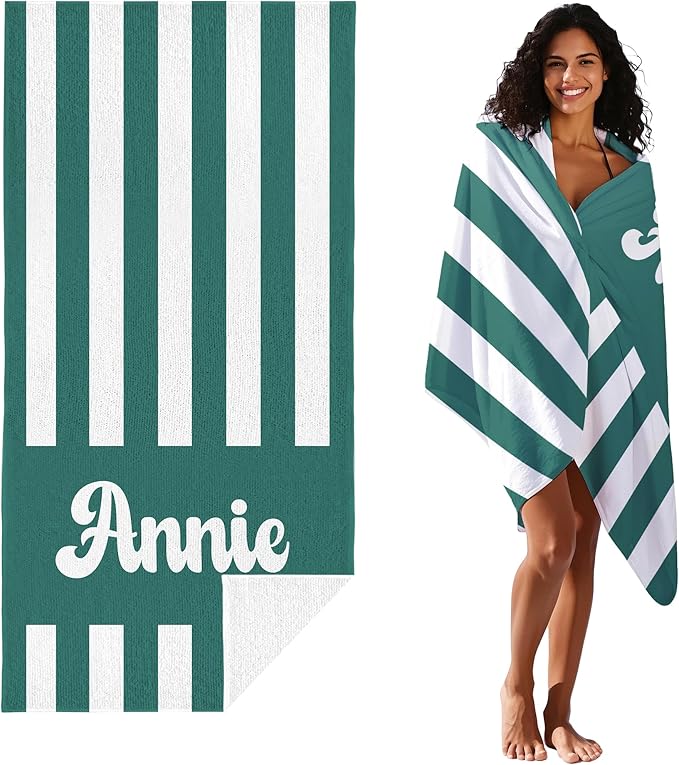 JML Personalized Beach Towel with Name, Custom Cabana Stripe Beach Towel, Customized Microfiber Pool Towel, Quick Dry & Absorbent Swim Towel for Adult,Mother's Day, Birthday, Summer Holiday,Vacation-FlexoryFit