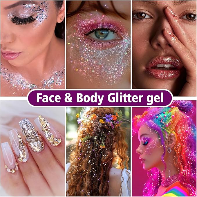10 Colors Body Glitter,Face Glitter Makeup for Kids Women,Sparkly Chunky Hair Glitter for Eye Lip Hair Nails,Mardi Gras Glitter Makeup Face Paint,Singer Concerts Disco Rave Festival Accessories-FlexoryFit