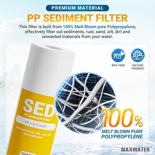 Max Water Whole House Water Filter 10 inch Housing for Under Sink RO Water Filtration System w/PP Sediment Water Filter 5 Micron, 3/4 NPT, Wrench + Bracket