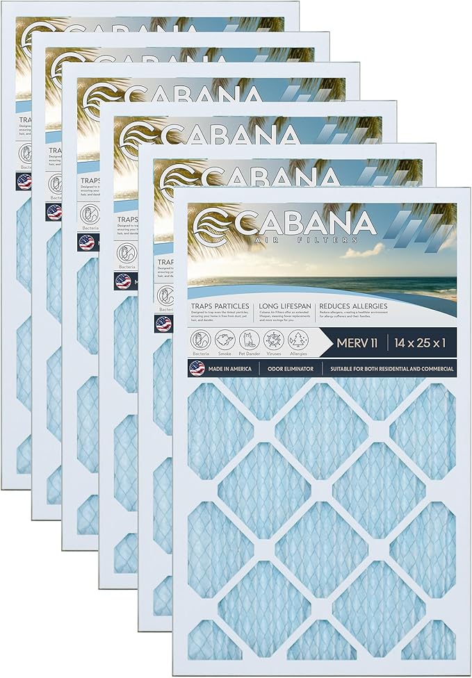 Cabana Filters 14x25x1 AC Furnace Air Filter, Merv 11 Capture Unwanted Particles, Pleated Furnace Filter HVAC AC Filters - Made in the USA - 6 Pack