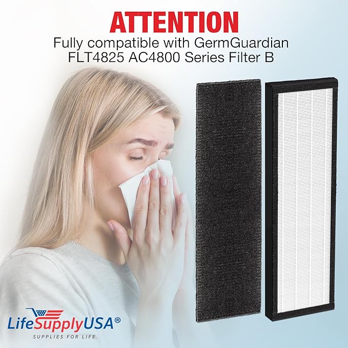 4 True HEPA Filters “Filter B” FLT4825 | Compatible with GermGuardian AC4825, AC4300, AC4900, AC4850 & AC4800 Series Air Purifiers by LifeSupplyUSA