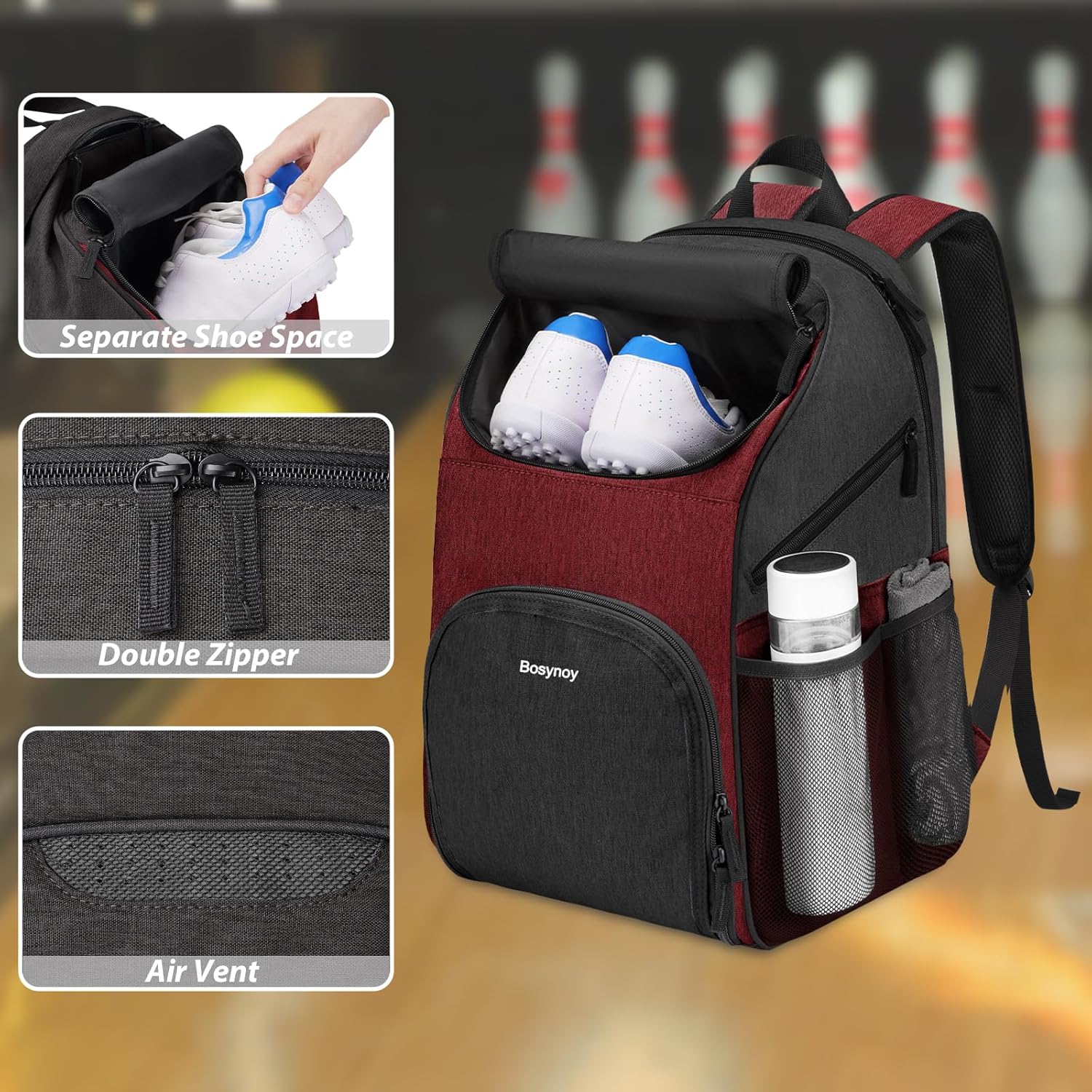Bosynoy Bowling Backpack, Bowling Ball Bag Totes for Single Ball with Shoe Compartment & Foam Padded, Fits Shoes Up to US Mens Size 16, Grey