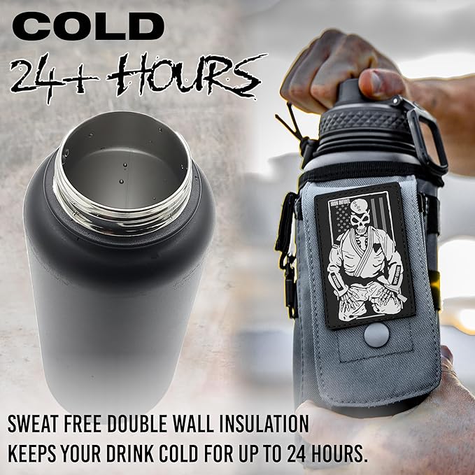 Iron Infidel Battle Bottle - 32 Oz Insulated Water Bottle with Straw Lid & Chug Cap, Stainless Steel Metal Flask Includes Rugged, Removable Sleeve for Keys, Wallet, & Phone (Earned, Not Given 1 Liter)-FlexoryFit