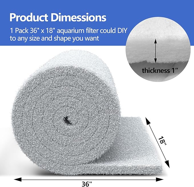 Classic Koi Pond Filter Pad, 18” x 36" Thick Aquarium Filter Floss Roll Reusable Cut to Fit Aquarium Media Pad for Outdoor Koi Ponds, Aquariums, Fish-Safe Polyester Material