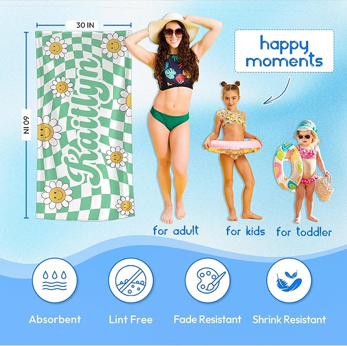 JML Personalized Beach Towel with Name, Custom Flower Beach Towel, Customized Microfiber Pool Towel, Quick Dry & Absorbent Swim Towel for Adult,Anniversary, Birthday, Summer Holiday,Vacation-FlexoryFit