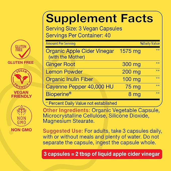 Intentionally Bare Apple Cider Vinegar with Mother Capsules - ACV Capsules with Ginger, Lemon, Cayenne and Inulin - Keto Friendly and Gluten Free for Energy, Immunity and Gut Health - 120 Capsules-FlexoryFit