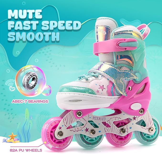 NEMONE Mermaid Inline Skates, 4 Sizes Adjustable Skates for Girls Kids with Light up Wheels, Indoor Beginner Outdoor for Kids Ages 4-6 5-8 6-12 8-12-FlexoryFit