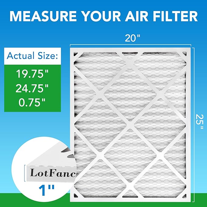 LotFancy 20x25x1 Air Filter MERV 8 Dust Defense (4-Pack) Pleated HVAC Furnace Air Filters, Replacement for Home AC & Heating Systems, Actual Size: 19.75" x 24.75" x 0.75"
