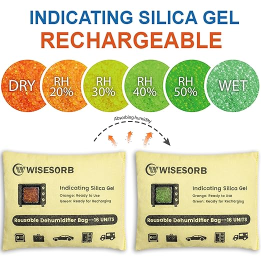 Rechargeable Gun Safe Dehumidifier, 6 Packs 16U Indicating Desiccant Packs with Transparent Window for Storage Reusable Silica Gel Packets Moisture Absorbers Safe Dehumidifier