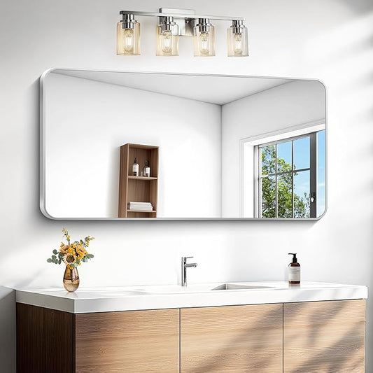 Silver Bathroom Mirror,24x48 inch Wall Mirror for Bathroom Wall Mounted,Rectangle Mirror for Bathroom Over Sink,Modern Frame Round Corner for Living Room,Bedroom Entryway,Horizontal/Vertical