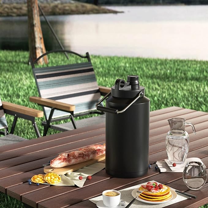 Kerilyn Insulated Jug with Handle, One Gallon, 128oz Stainless Steel, Large Double Vacuum Water Bottle for Hot & Cold Drinks, Wide Mouth, Sweat Proof, Great for Travel, Hiking & Camping, Black-FlexoryFit