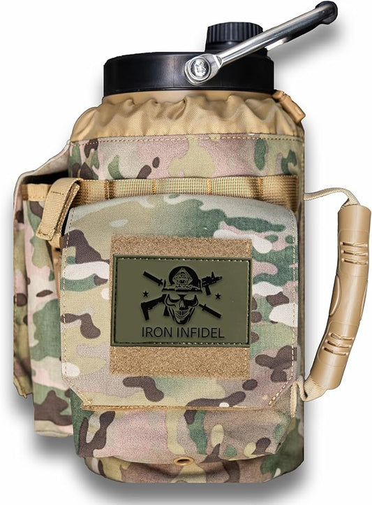 Iron Infidel Battle Bottle - One Gallon Insulated Water Bottle with Dual Carry Handles - 128 oz Tactical Stainless Steel Water Jug & Rugged Extra Large Sleeve With Storage (OCP Camo 128 Ounces)-FlexoryFit