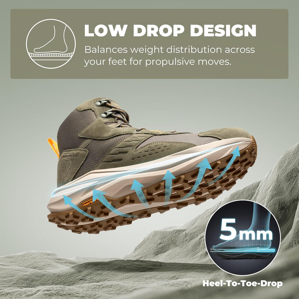 NORTIV 8 Men's Wide Toe Box Hiking Boots Low Drop Waterproof Outdoor Trekking Camping Shoes for Plantar Fasciitis Bunion Katahdin
