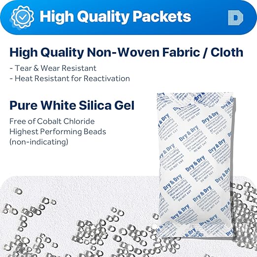 Dry & Dry 300 Gram [5 Packets] Silica Gel Packets Desiccants, Silica Packets - Rechargeable Silica Gel Packs, Moisture Absorbers, Desiccants Packets, Silica Gel