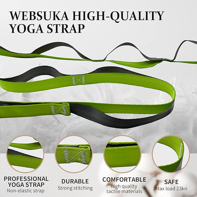 Stretching Strap Yoga Strap, 10 Loops Non-Elastic Stretch Bands Helps Women and Men Improve Flexibility for Home Workout, Physical Therapy, Pilates, Exercise, Dance, Comes with Door Anchor-FlexoryFit