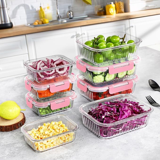 10 Packs Glass Meal Prep Containers with Lids, Glass Food Storage Containers Set, Airtight Lunch Containers, Microwave, Oven, Freezer and Dishwasher Safe, Pink-FlexoryFit